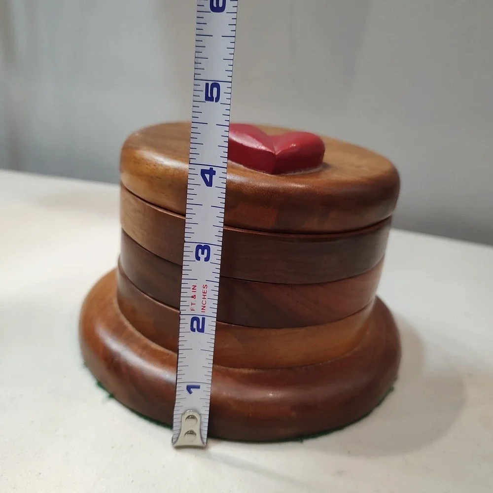 Vtg 3 Tier Round Wooden Swivel Jewelry Box With Lined Drawers Heart Country Core